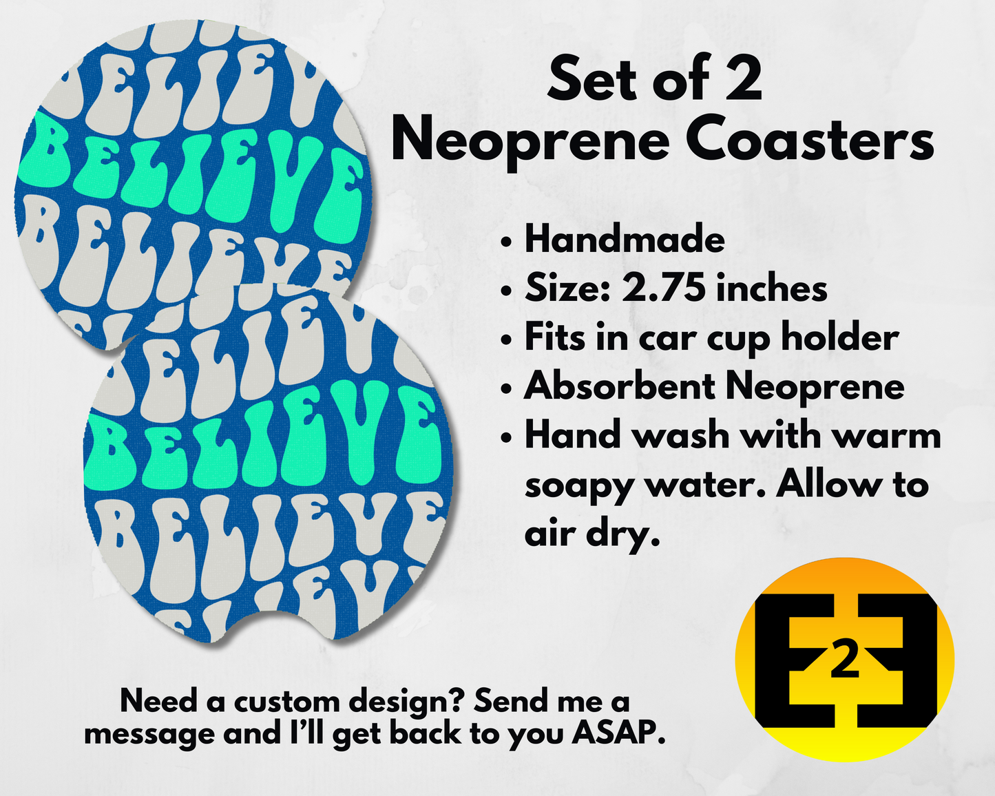 Christian believe car coasters set of 2