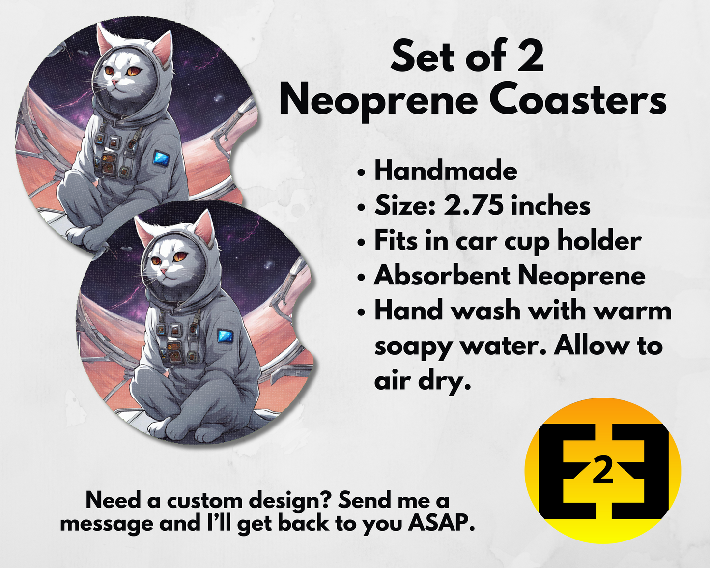 Astronaut space cat kitty car coasters set of 2