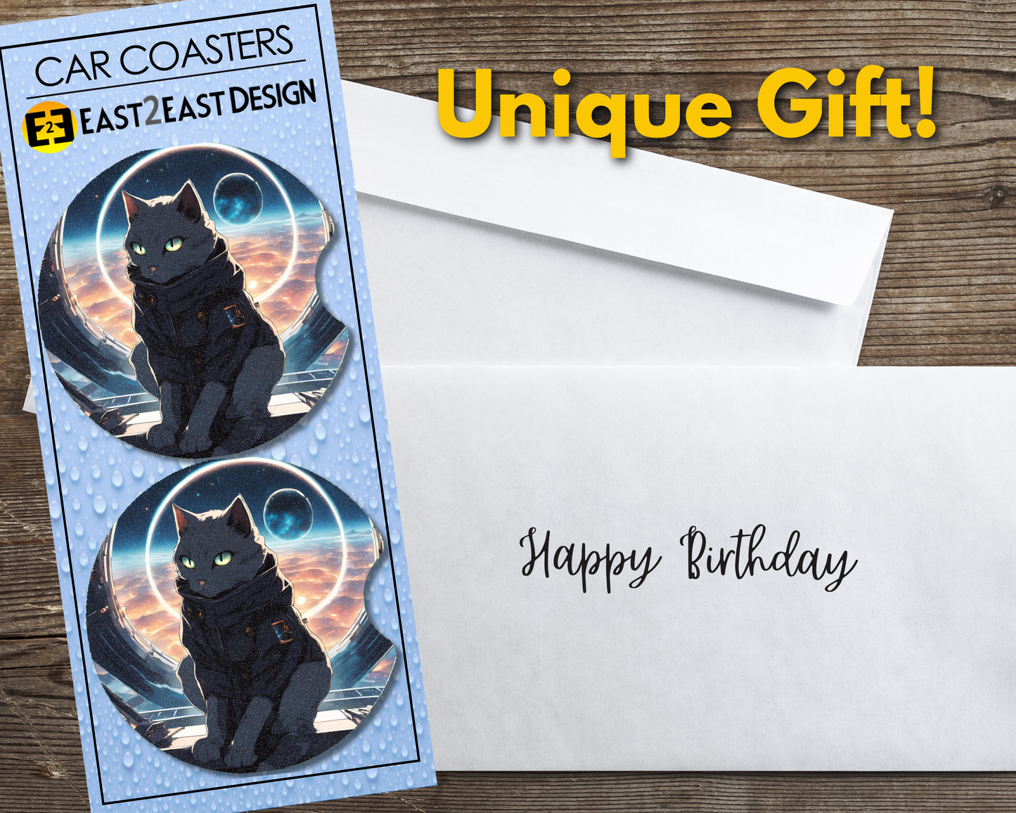 Outer space cat kitty car coasters unique gift