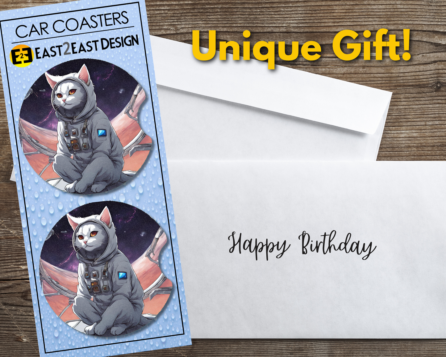 Astronaut space cat kitty car coasters unique gift
