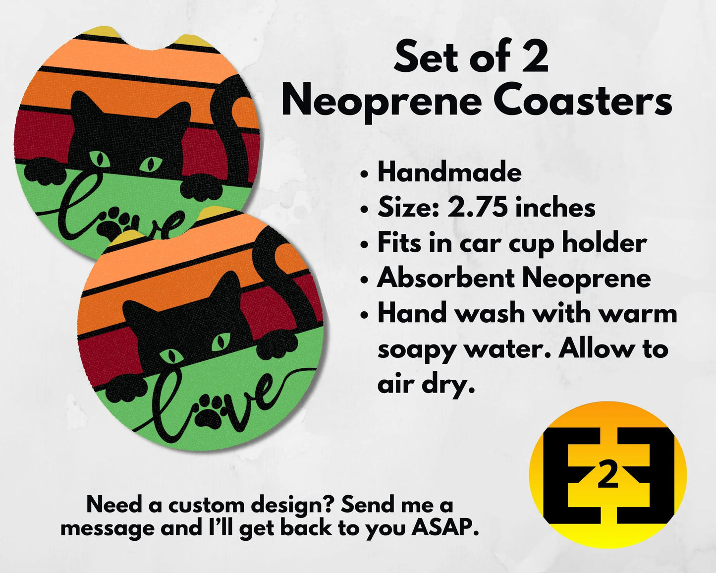 Retro Love My Cat car coasters set of 2