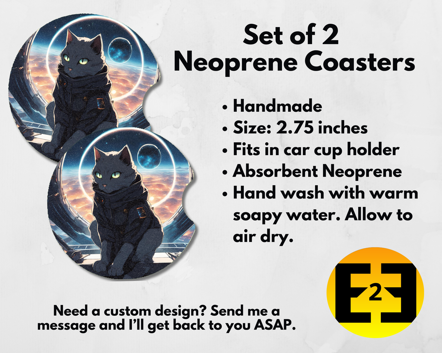 Outer space cat kitty car coasters set of 2