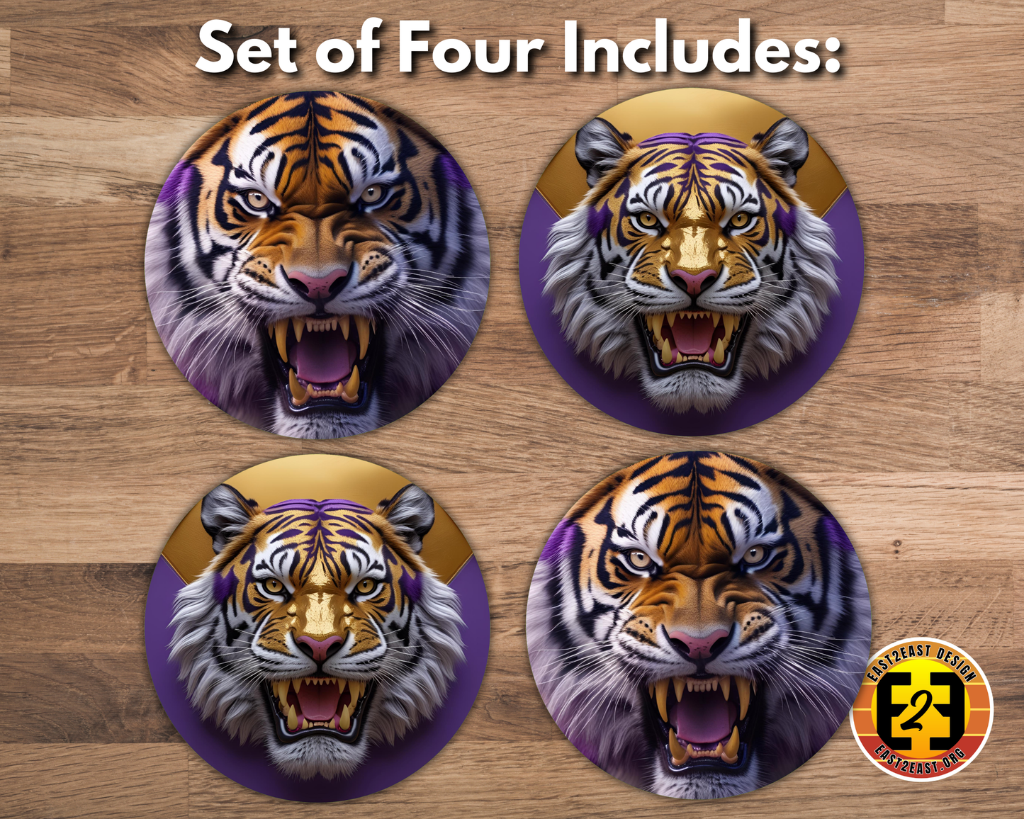 Purple and Gold Tigers - Set of Four - Bar / Drink Coasters