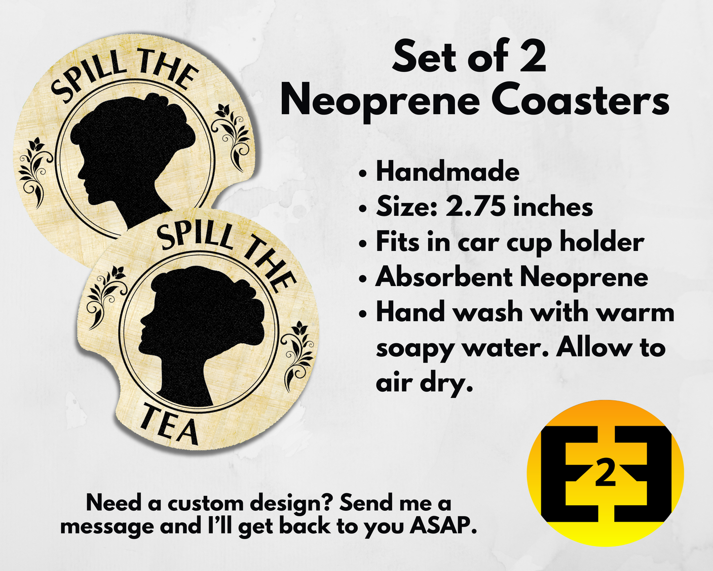 Lady Whistledown gossip spill the tea car coasters set of 2