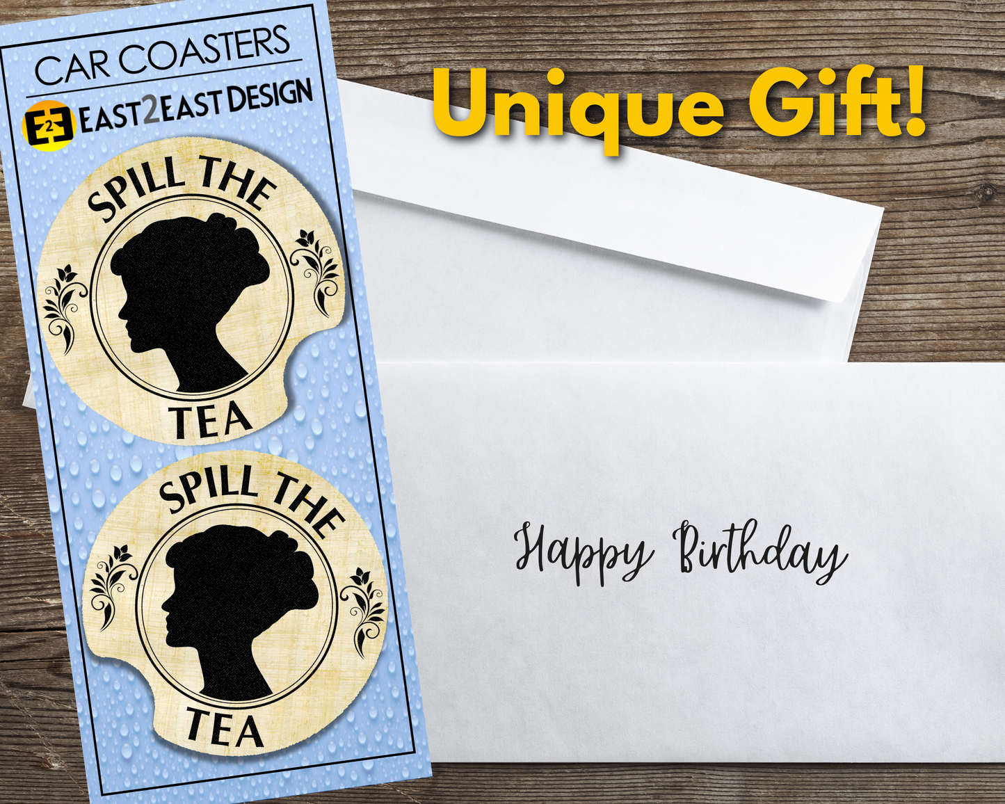 Lady Whistledown gossip spill the tea car coasters unique gift