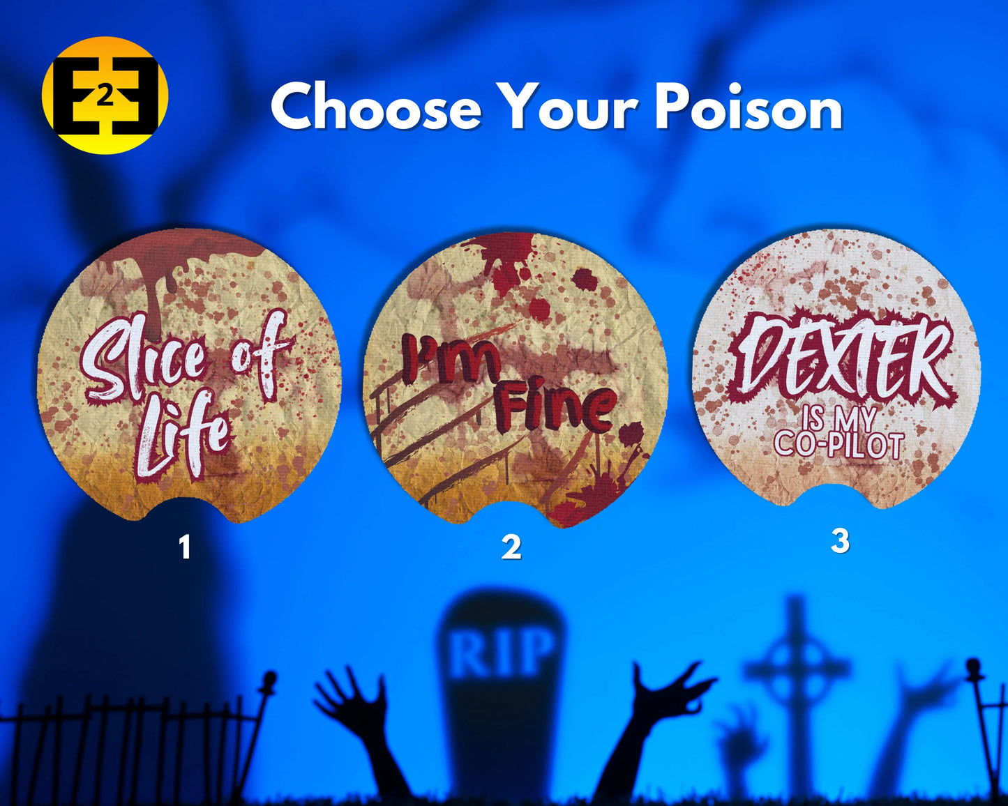 Halloween Dexter slice of life blood splatter car coasters