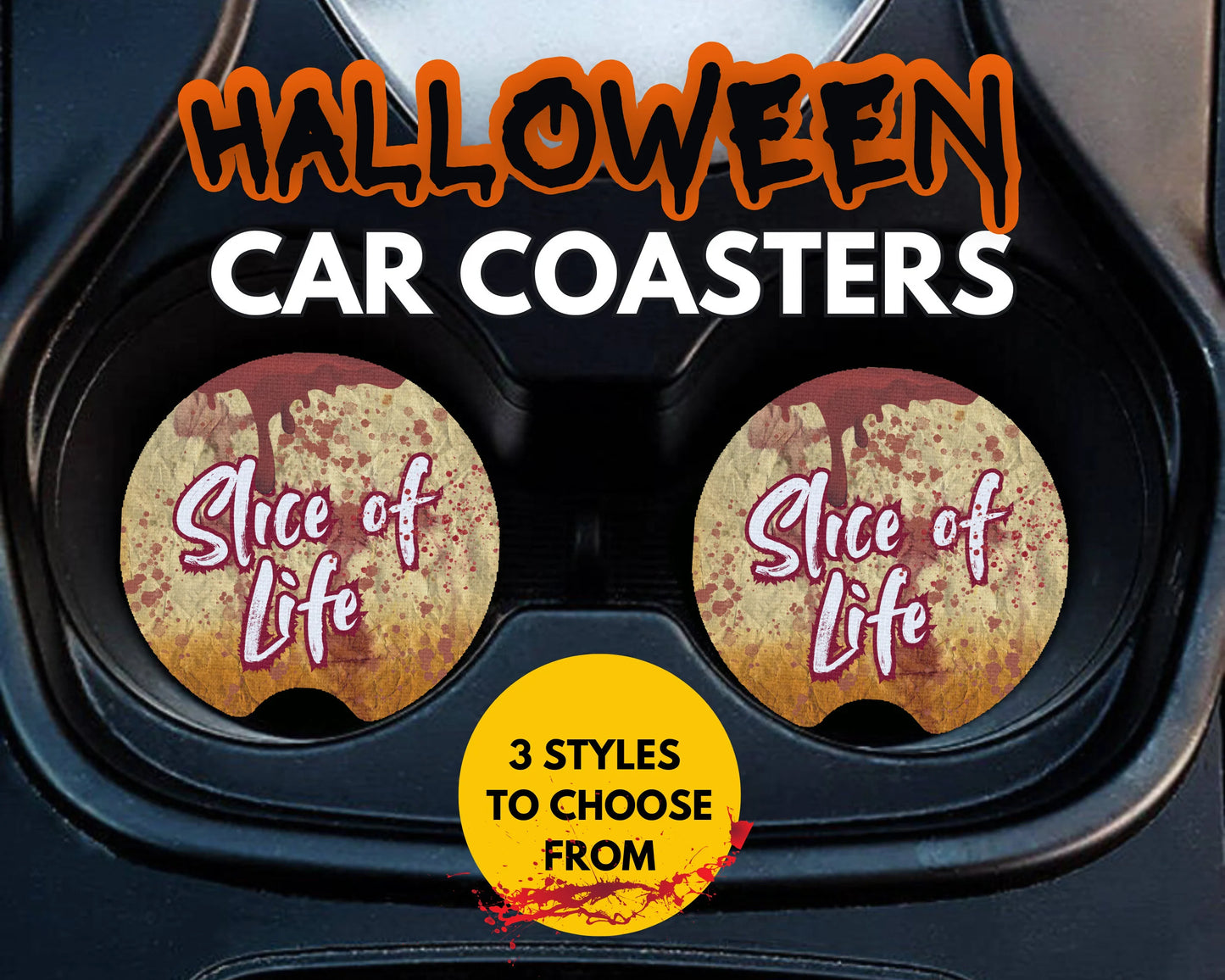 Halloween slice of life blood splatter car coasters