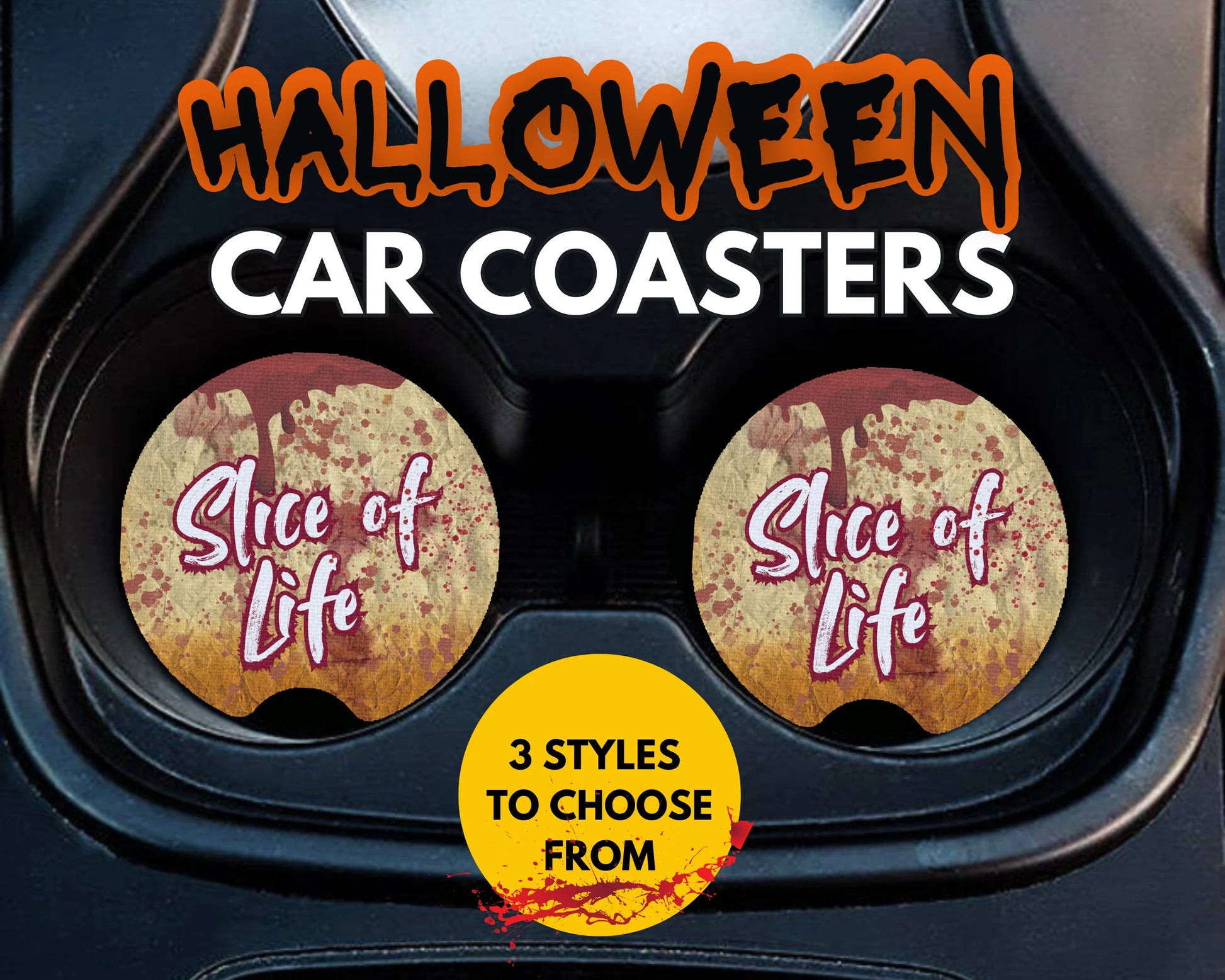 Halloween slice of life blood splatter car coasters