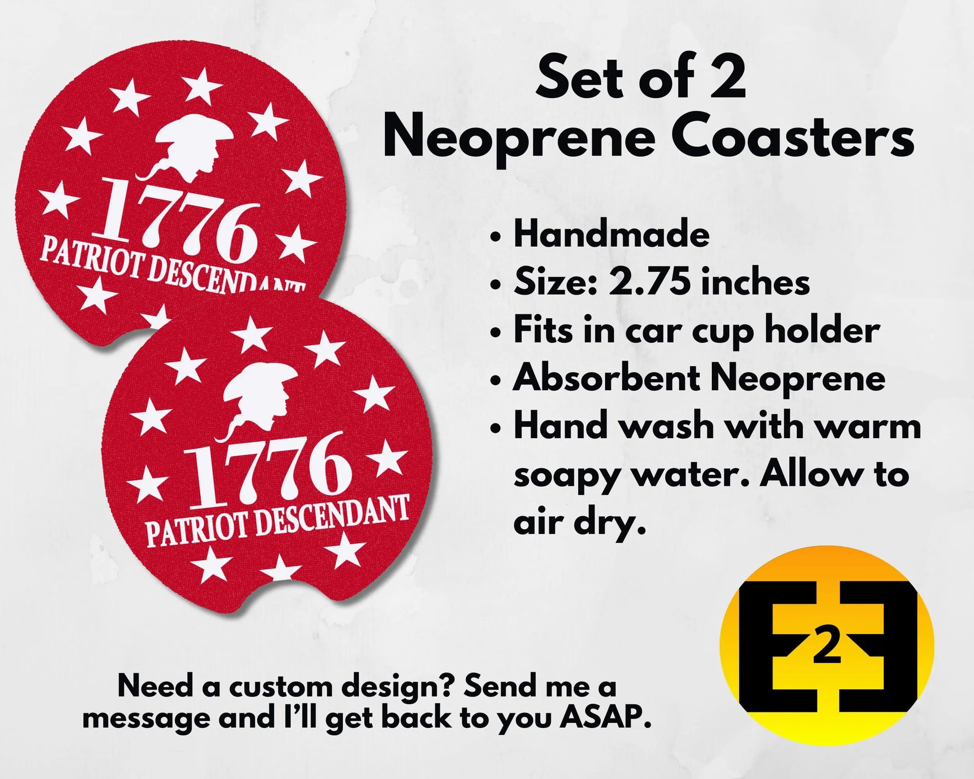 1776 Patriot Descendant car coasters set of 2