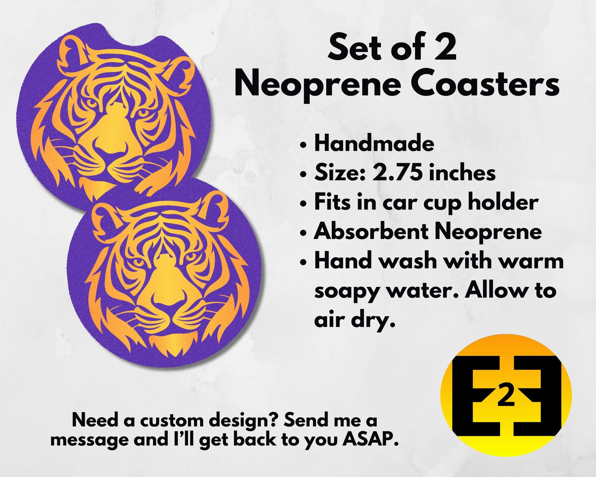 Purple and gold Tiger car coasters set of 2