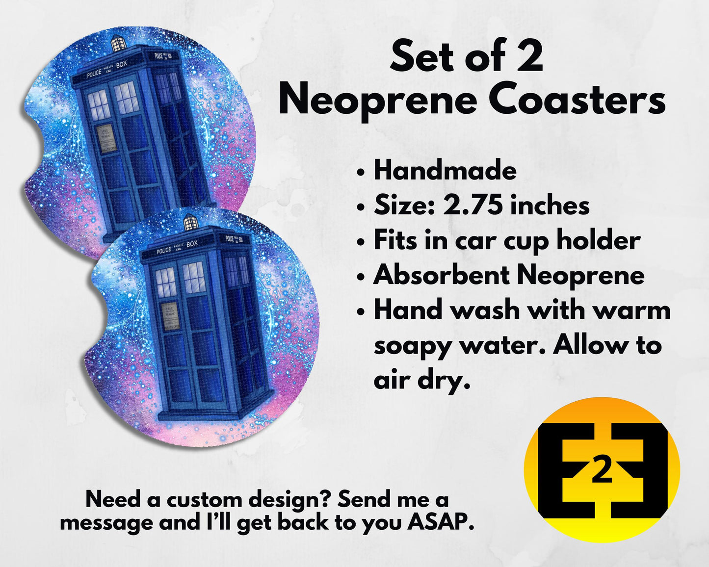 Dr. Who Tardis police box car coasters set of 2